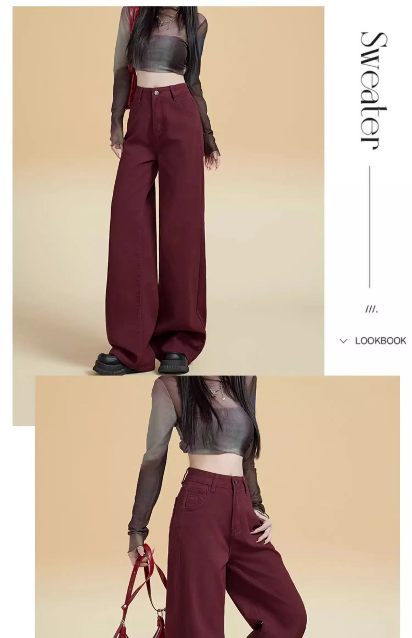 Women's Street Style Wide Leg Red Jeans American Vintage Casual Denim Trousers Female High Waist Loose Straight Pants