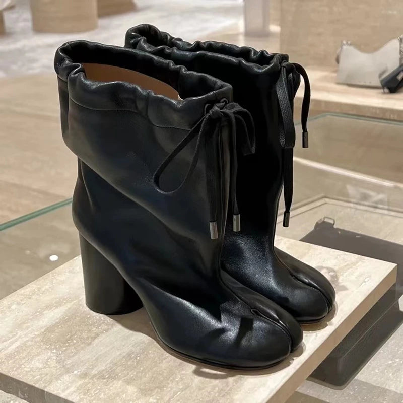 Street Style Fashion Split Toe Women Mid-calf Boots Autumn Winter Genuine Leather Tabi High heels Modern Chunky Booties Shoes