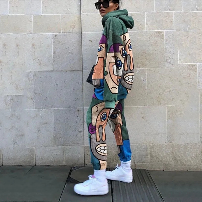 Fashion Print Oversized Tracksuit Suit Women Two Piece Pants Sets Casual Sweatshirt Trousers Streetwear 2 Piece Set Lady Outfit