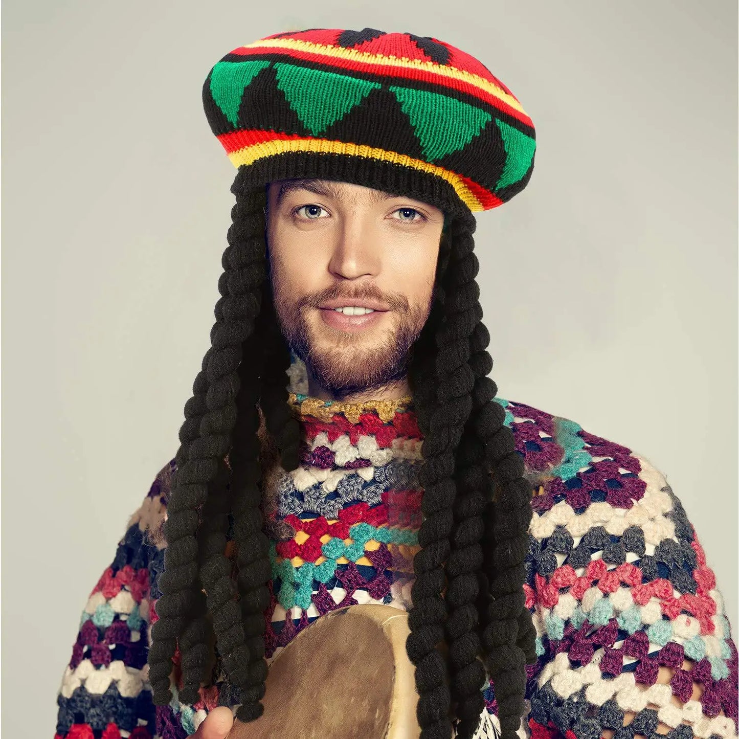 Unisex Synthetic Wig Knit Braid Hat Jamaican Bob Rasta Beanie Cap Dreadlocks Wig Bob Marley Caribbean Hip Hop Cosplay Headwear