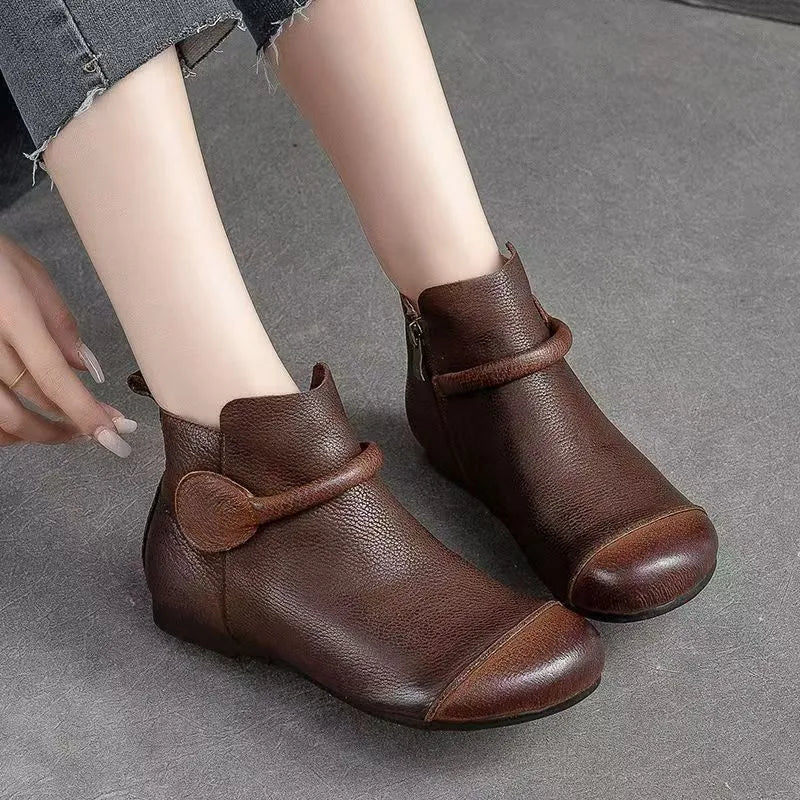 Retro Women Short Ankle Boots 2024 Autumn Winter Faux Cow Leather Slip-on Shoes Handmade Round Toe Light Weight Flat Booties