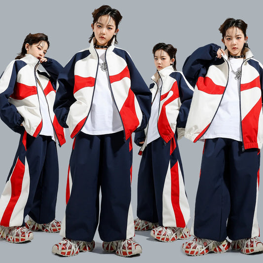 Boys Hip Hop Outfit Contrast Jacket Street Dance Pants Girls Contrast Coat Joggers Kids Jazz Sport Clothes Sets Child Streetwear