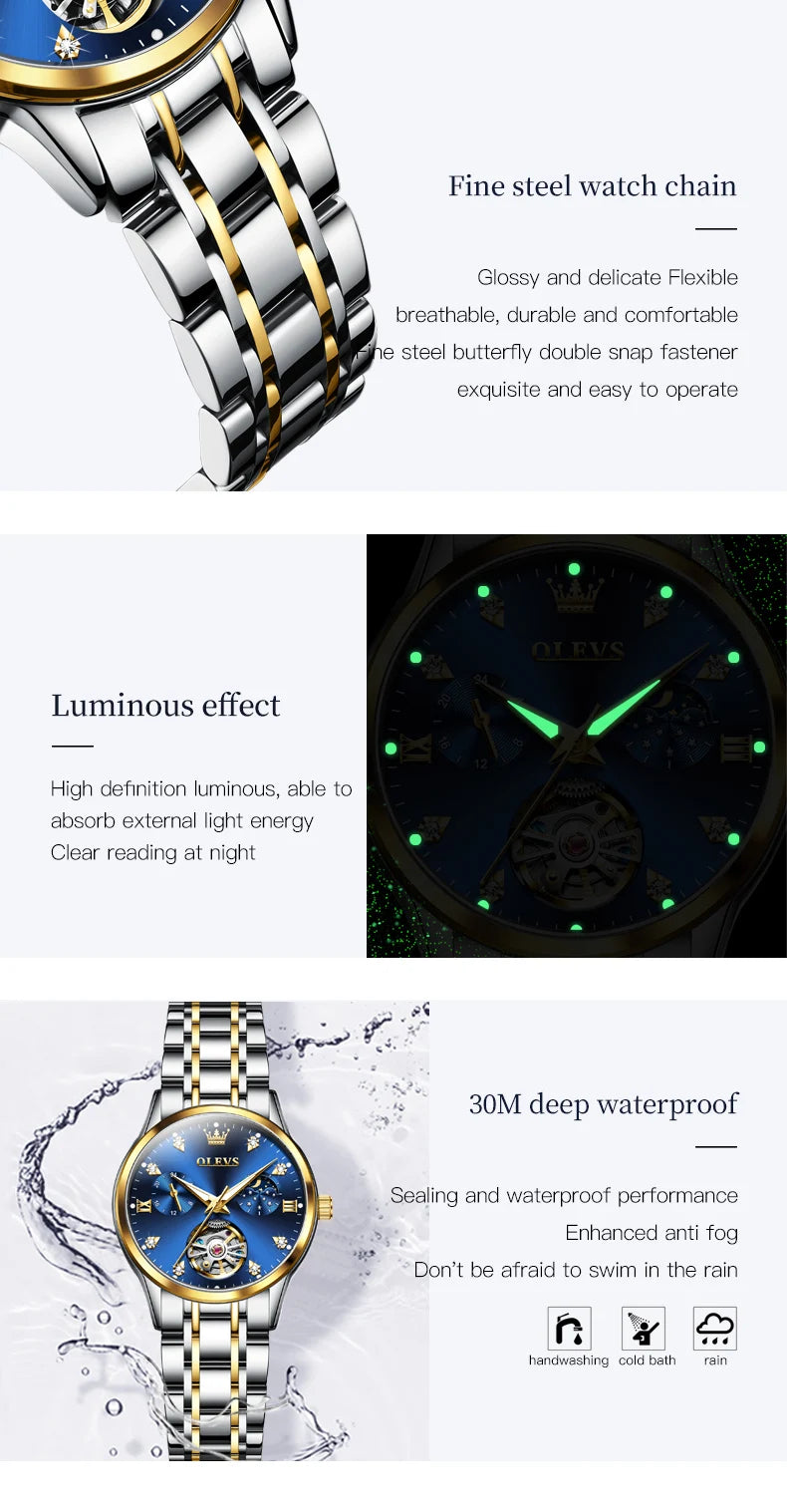 OLEVS 6608 Women Watch Original New Luxury Watch Stainless Steel Automatic Mechanical Diamond Scale Waterproof Watches For Women