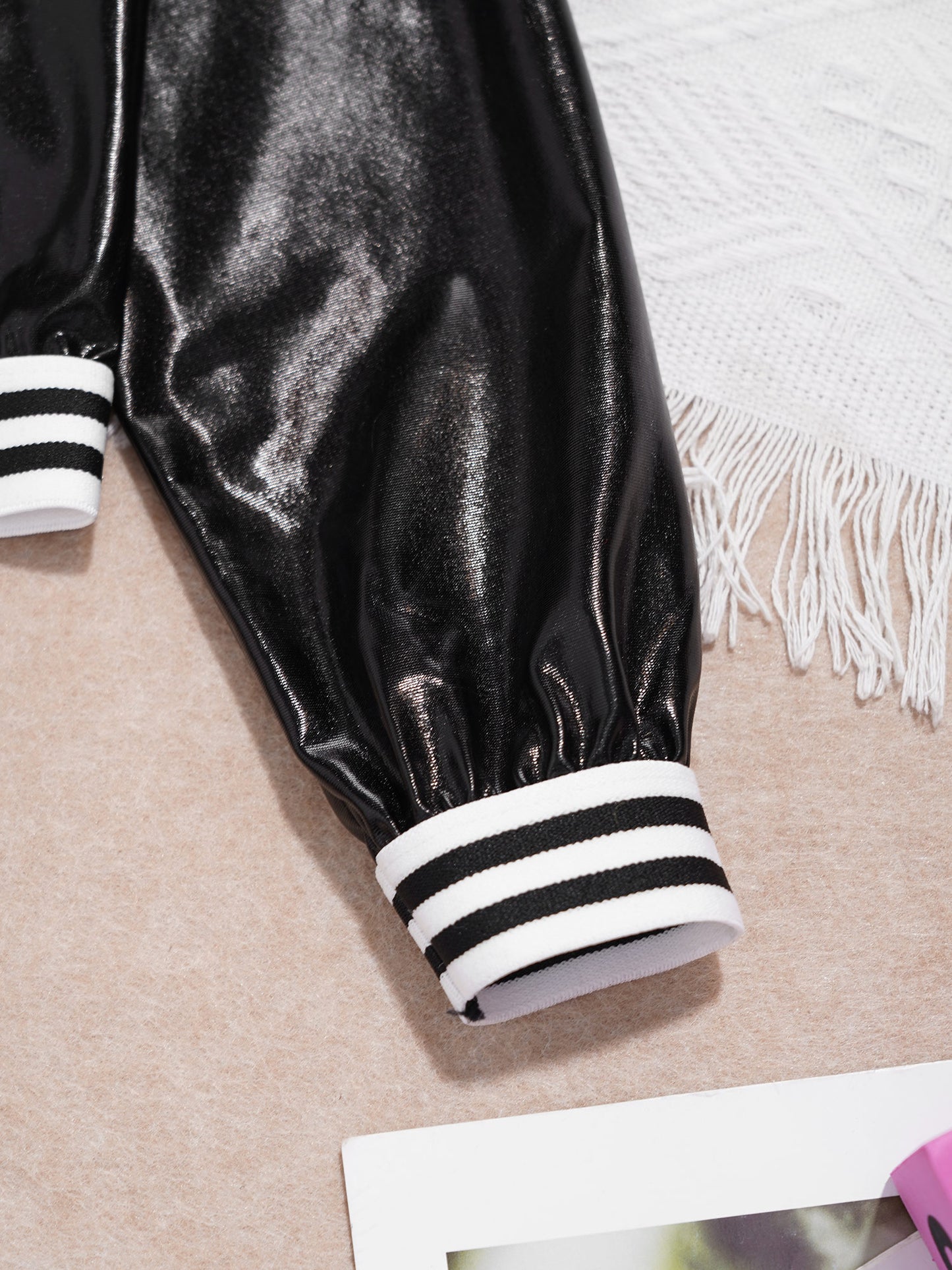 Kids Girls Sports Outfits Jazz Hip Hop Street Dance Costume Shiny Metallic Long Sleeves Bomber Jacket Coat with Pants Streetwear