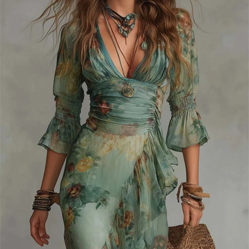 Sexy Elegant Dress For Spring Summer Retro Bohemian Print Holiday Style V-neck Lotus Leaf Sleeve Pleated Slit Irregular Dresses