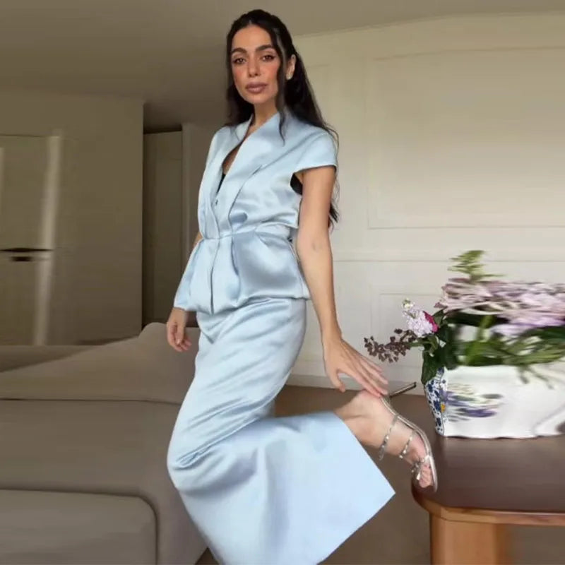 Urban Solid Blazer Skirt Women Set Elegant Pleated Sleeveless V-neck Top Split Hip Package Skirts 2026 Summer Lady Outfit New