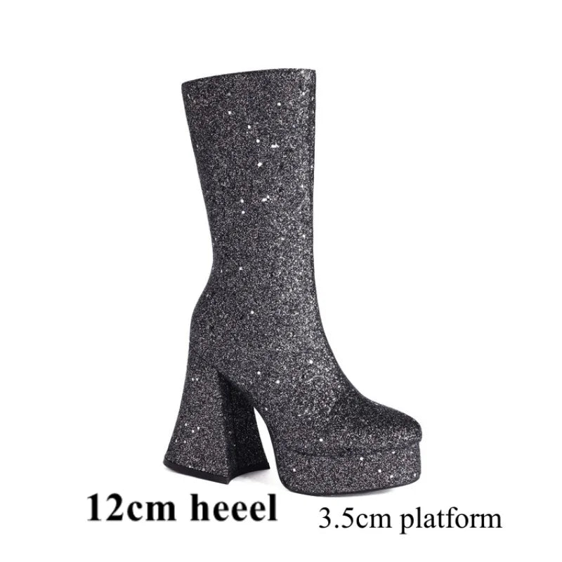 Ochanmeb Women Gold Sequins Boots Platforms Super High Chunky Heels Pink Mid-Calf Boots Gothic Zipper Woman Silver Glitter Shoes