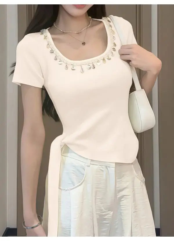 Short-sleeved Women's Top Bestseller 2025 New French Stylish Design Slimming and Flattering, Popular Online Clothing