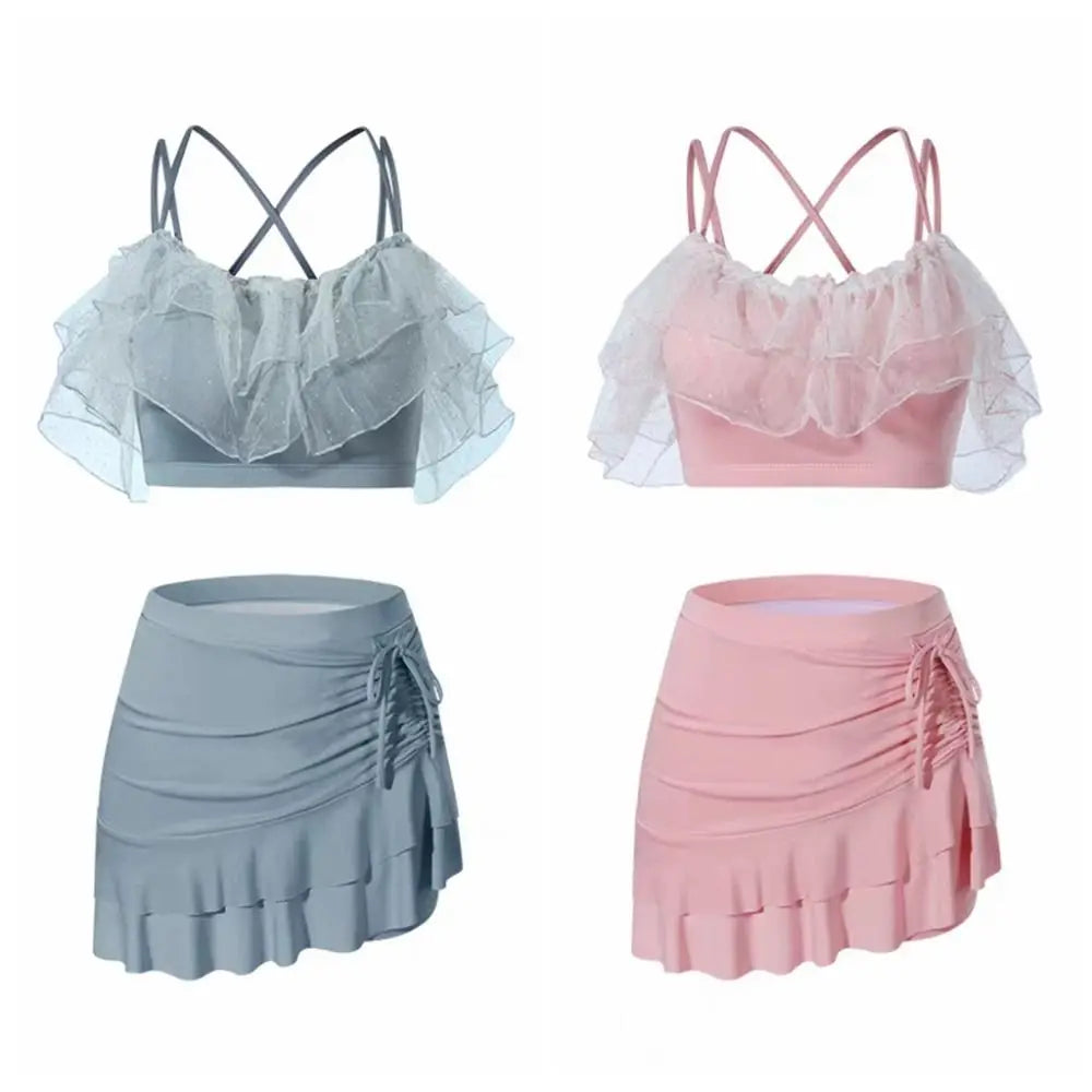 Ins Slim Fit A-line Skirt Swimsuit Off Shoulder Puff Ruffle Lace Ruffled Bathing Suit Beachwear Two Pieces Set Swimwear Swimming