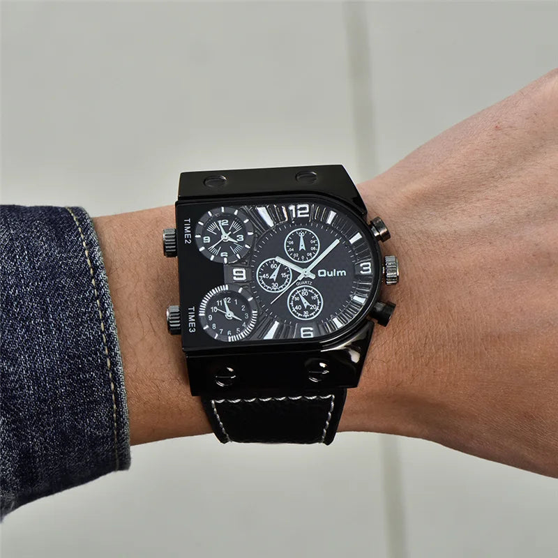 Oulm Top Men's Watches Mens Quartz Casual Leather Strap Wristwatch Sports Man Multi-Time Zone Military Male Watch Clock Relogios