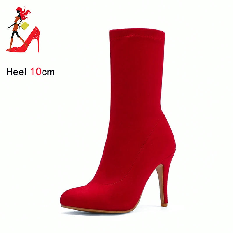 2023 Autumn Winter Sock Short Boots Lady Mid-Calf Thin High Heels Large Size 46 Fashion Women Shoes Elastic Flock Pointed Boots