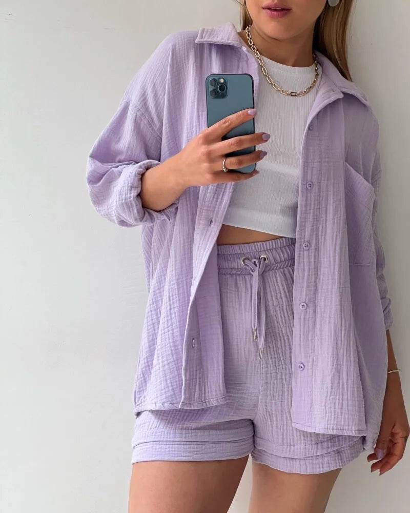 Casual Sleepwear 100% Cotton Pajamas For Women Sets Suit Turn-Down Collar Nine Quarter Sleeve Sleep Tops Shorts Female Homewear