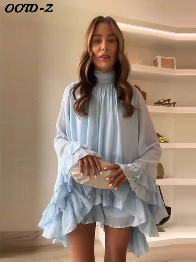 Summer Ruffles Short Dress Women Turtleneck Pleated Loose Turtleneck Flare Sleeve Robes 2025 Fashion Lady Party Holiday Gowns