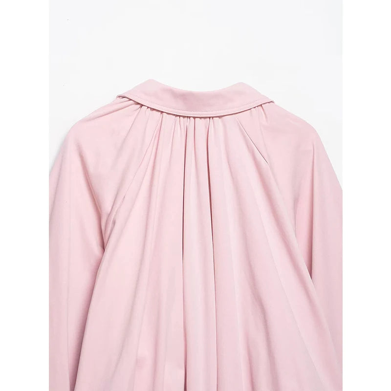 YENKYE New 2026 Women Pink Puff Sleeve Pleated Bomber Jacket Front Zipper Casual Loose Crop Coat