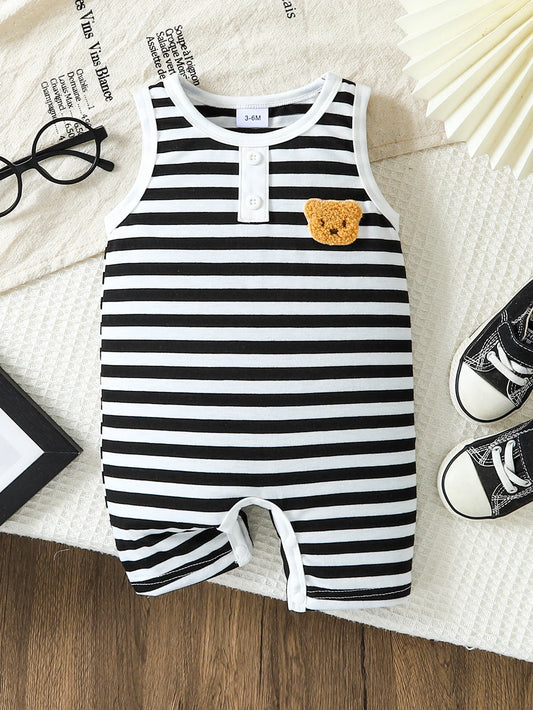 1pc Summer Baby Boys Striped Sleeveless Romper, Bear Embroidery, Button Placket, Daily Wear/Outing/Photoshoot, 0-3Y Baby Boys,