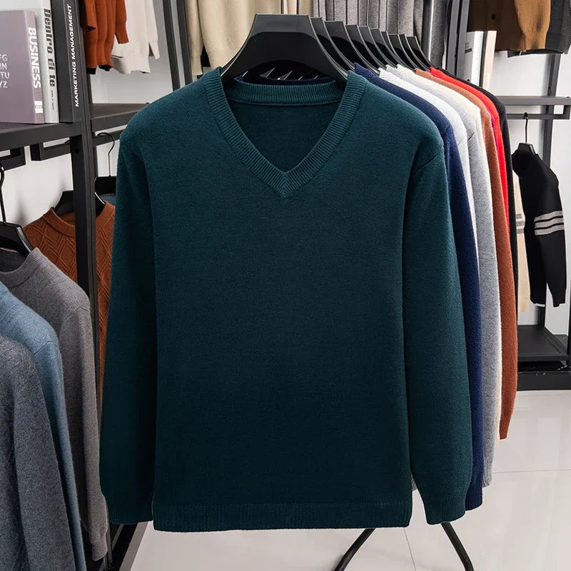 2026 Men's V-Neck Basic Solid Color Sweatshirt Warm Autumn Knitted Oversize Pullover Elastic round Neck Sweater for Casual Wear BAZAARHUBO