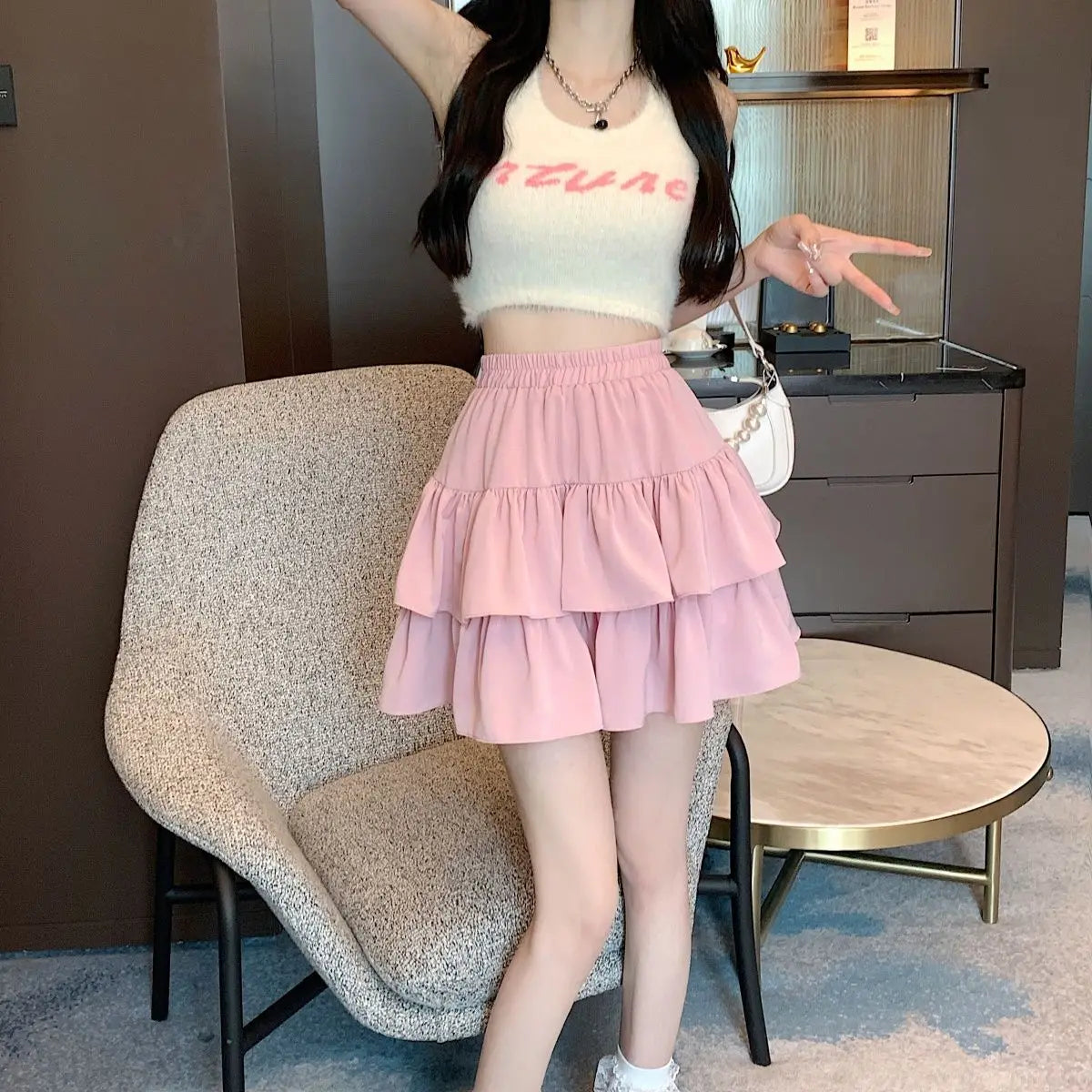 Ruffled Cake Skirts for Women High-waisted A-line Solid All-match Sweet Lovely Girls Korean Style Gentle Spring Kawaii Casual