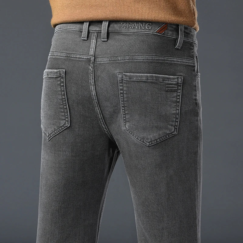 Gray Jeans Men's Fashion Spring Autumn Casual Elastic Trousers Classic Straight Business Work Vintage Washed Denim Pants