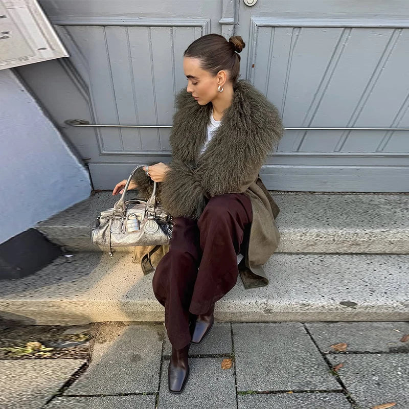 Vintage Patchwork Women's Faux Fur Trim Coat Urban Lapel Full Sleeve Female Jacket Female 2026 Autumn Winter Lady Streetwear New