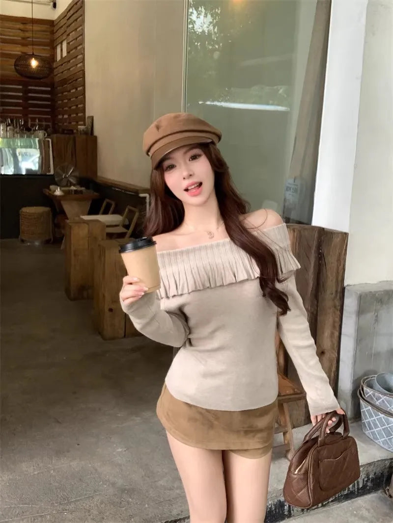 Women's Solid Color Slash Neck Ruffles Sweater Short Pullover Korean Fashion Chic Retro Style for Autumn Winter