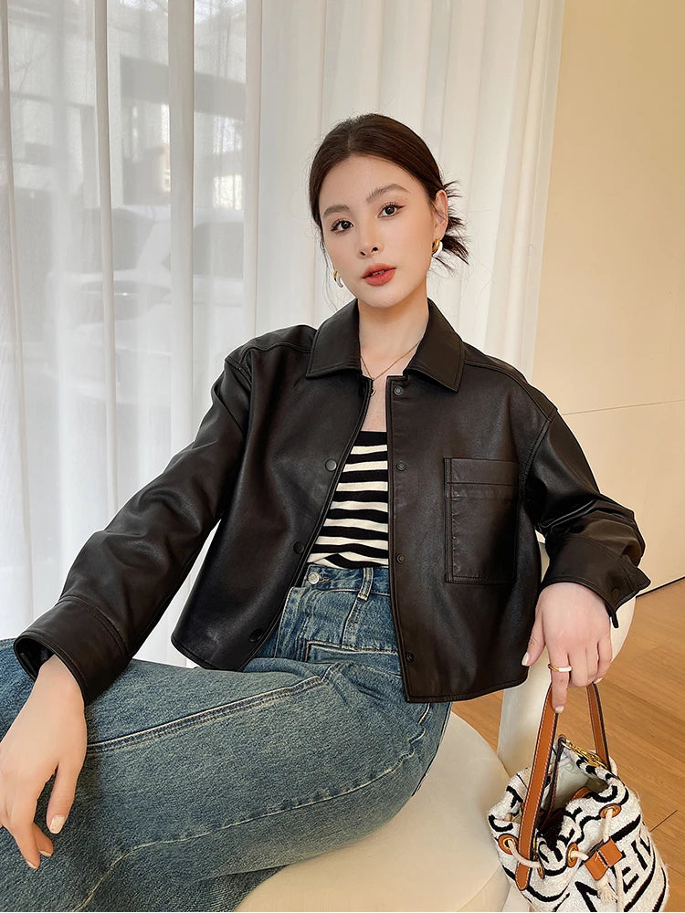 Casual Black Natural Sheepskin Coats for Women Spring Autumn 2026 New Trend High-end Simple Soft Short Genuine Leather Jacket