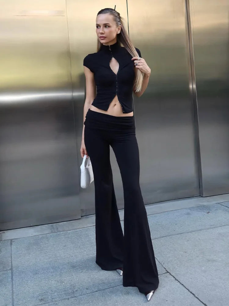 Y2k Black Hollow Out Slit Dress Women Solid Short Sleeve High Neck Slim Fit Maxi Dresses Lady Fashion Evening Party Club Robe