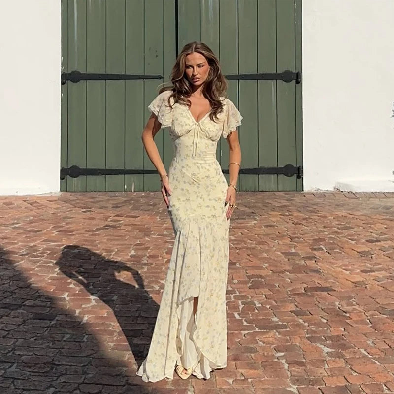 Vintage Print High Neck Midi Dress Belted Waist Bell Sleeve Flared Hem 2026 Summer Spring Chic Women Elegant Wedding Guest Gown