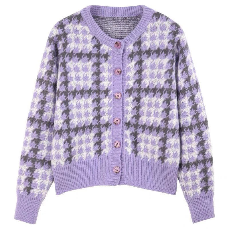 Y2k Pink Women Cardigan Korean Sweet Plaid Long Sleeve Female Sweaters Harajuku New O Neck Preppy Style Ladies Tops