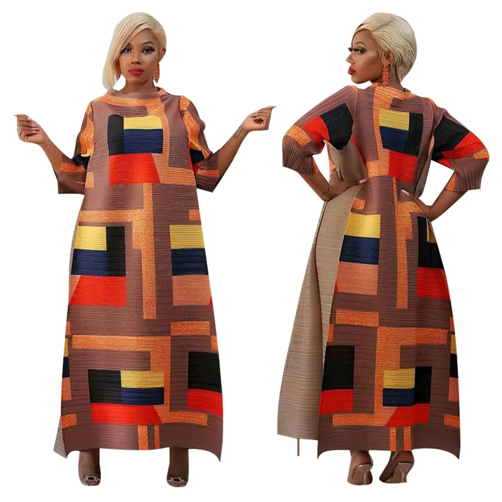 African Dresses for Women Summer Fashion Style African 3/4 Sleeve Polyester O-neck Pleated Dress Dashiki African Clothes Women