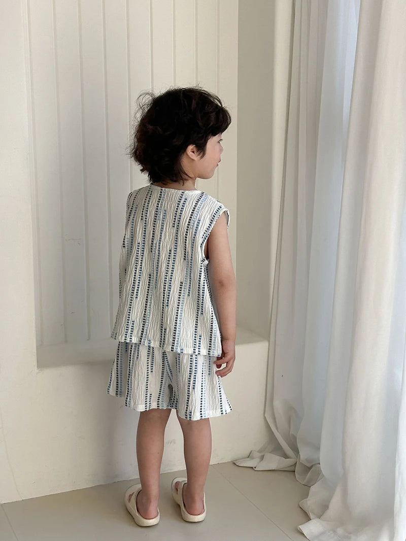 Summer Children's Vest Set Girls Lace Top Suit Kids Embroidered Striped Tank Top and Shorts 2Pcs Boys Casual Suit Sibling Outfit