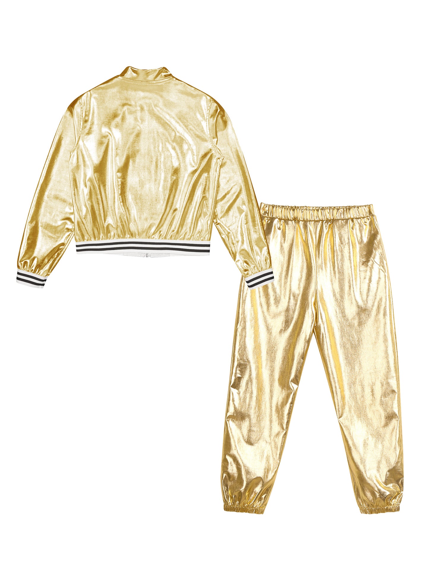 Kids Girls Sports Outfits Jazz Hip Hop Street Dance Costume Shiny Metallic Long Sleeves Bomber Jacket Coat with Pants Streetwear