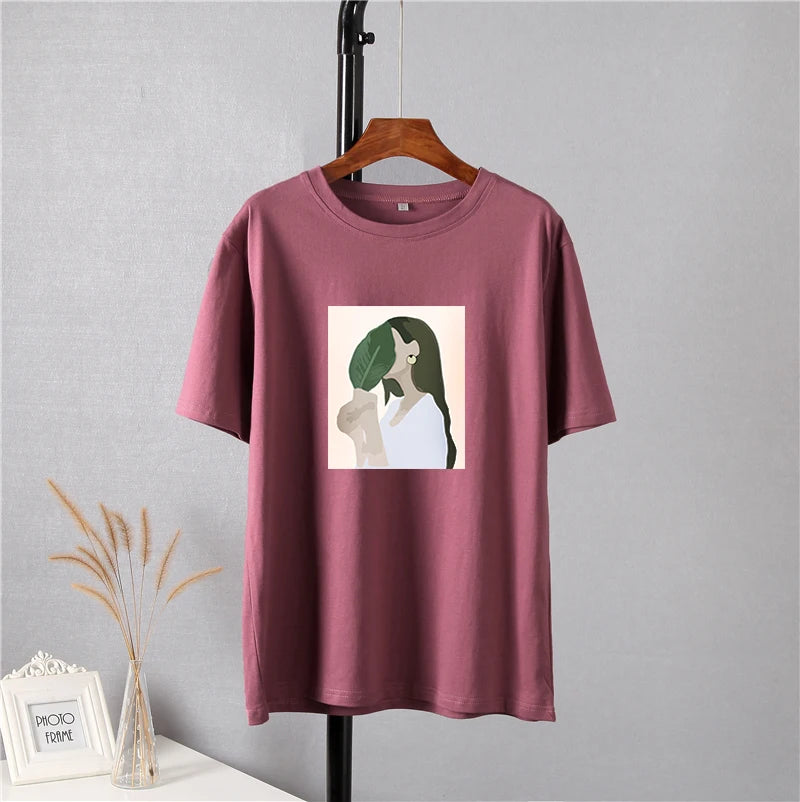 Hirsionsan Harajuku Printed T Shirt Women 2023 Summer Chic Tees 100% Cotton Elegant Graphic Clothes Loose Casual Pullover Tops