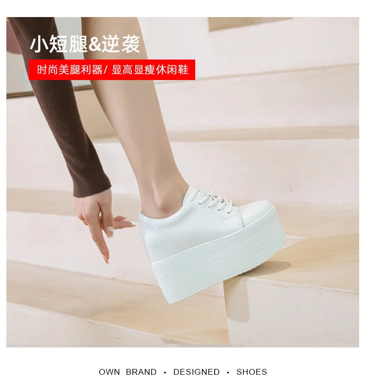 Fujin 12cm Genuine Leather Synthetic Women Autumn Spring Platform Wedge Women Fashion Sneakers Chunky Shoes Vulcanize Skateboard