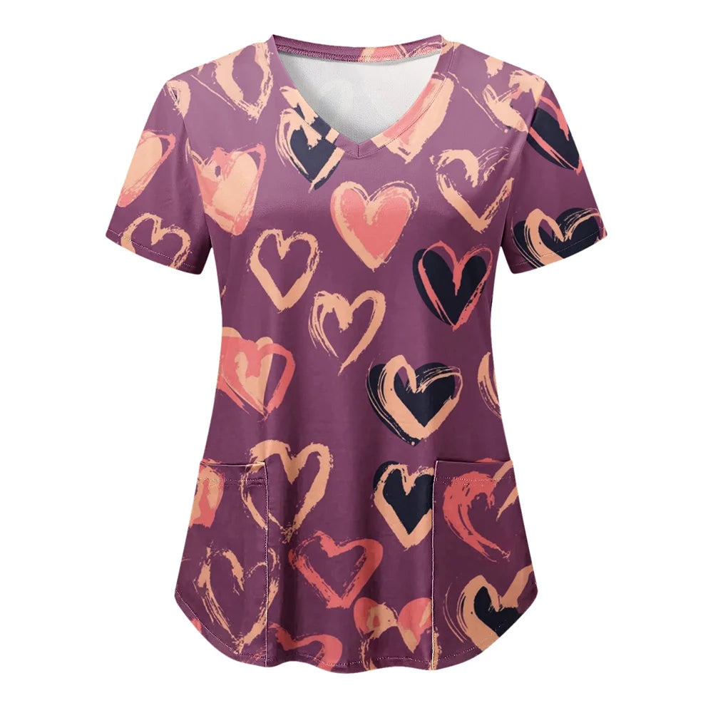 Tops Women Scrub Nurse Print Short Sleeve Cartoon V-Neck Tops Working T-Shirts Heart Print Healthcare Tunic Carers Workwear Tops