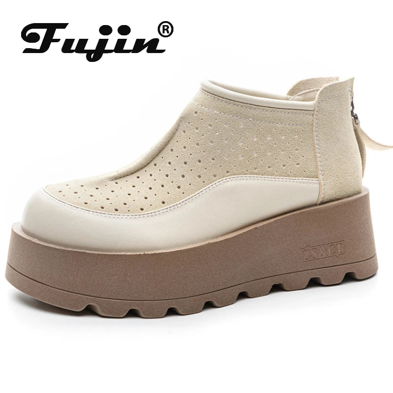 Fujin 6CM Suede Cow Genuine Leather Moccasins Women Platform Wedge Flats Women Shoes Ankle Booties Females ZIP Pumps Shoes