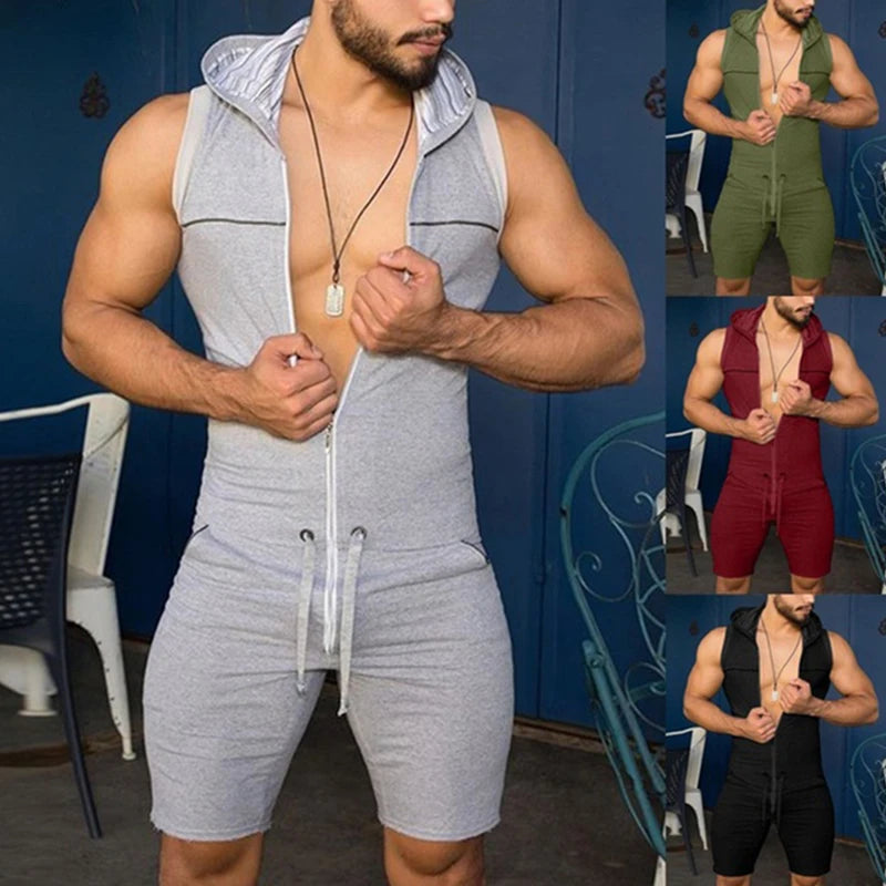 Men Short Jumpsuit Tight Sleeveless Bodysuit Zipper Hooded Rompers Short Pants Casual Home Wear Tracksuit Pajamas