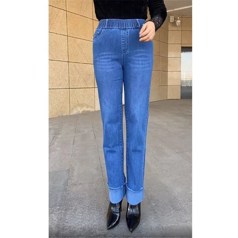 Plus Size Middle Aged Womens Jeans Elastic Waist High Waist Loose Denim Pants