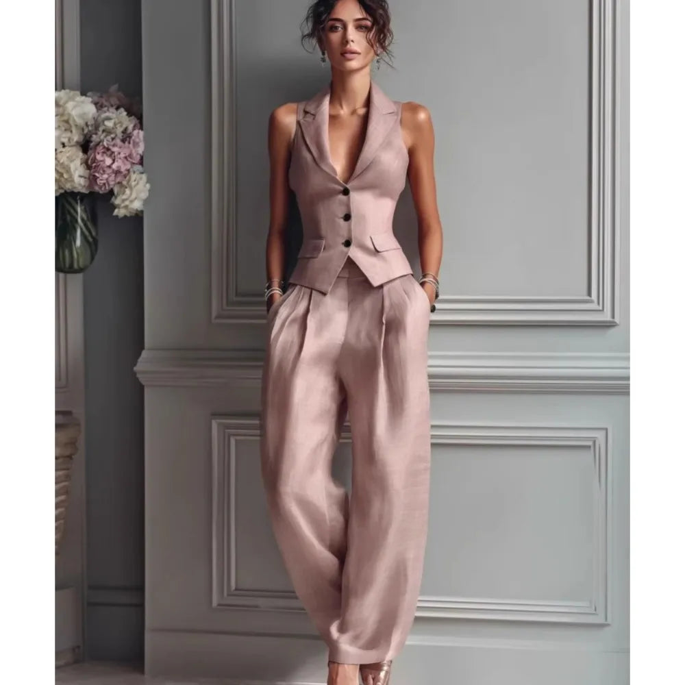 Summer New Fashion Single-breasted Sleeveless Top + Trousers 2-piece Set Women's 2026 Slim Vest Suit Collar Trousers Office Suit