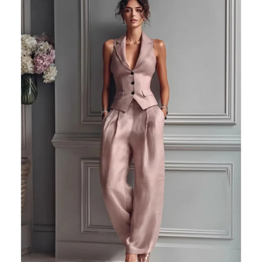 Summer New Fashion Single-breasted Sleeveless Top + Trousers 2-piece Set Women's 2026 Slim Vest Suit Collar Trousers Office Suit