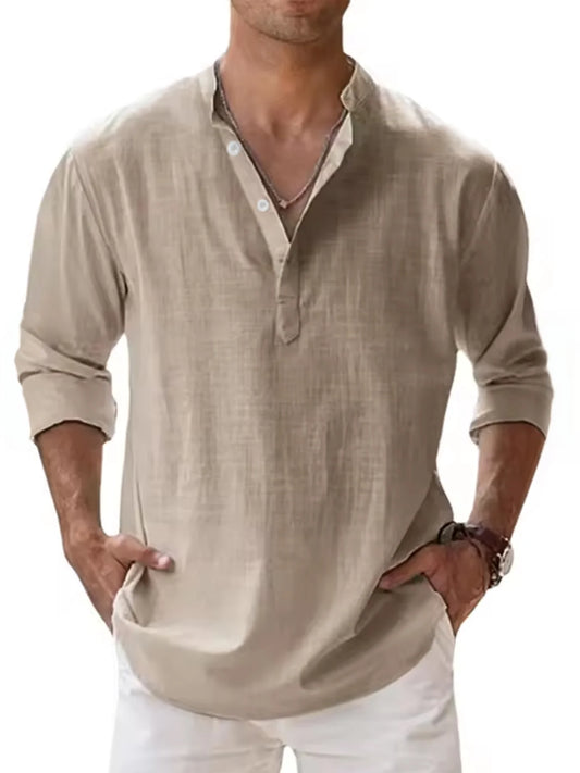 Men's Linen Blend Henley Neck Long Sleeve Shirt, Breathable Partial Placket Casual Top for Daily, Vacation & Beach Wear