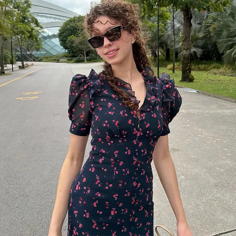 Print Chiffon Long Dress Women V Neck Half Sleeves High Waist Ruffles Belts Split Robe Female 2026 Summer Chic Vacation Dresses