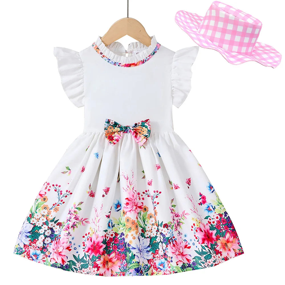 New Kids Girl Dress Summer Floral with Bow Fashion White Vestidos Short Sleeve Children Clothing Outfits Casual Daily Dresses