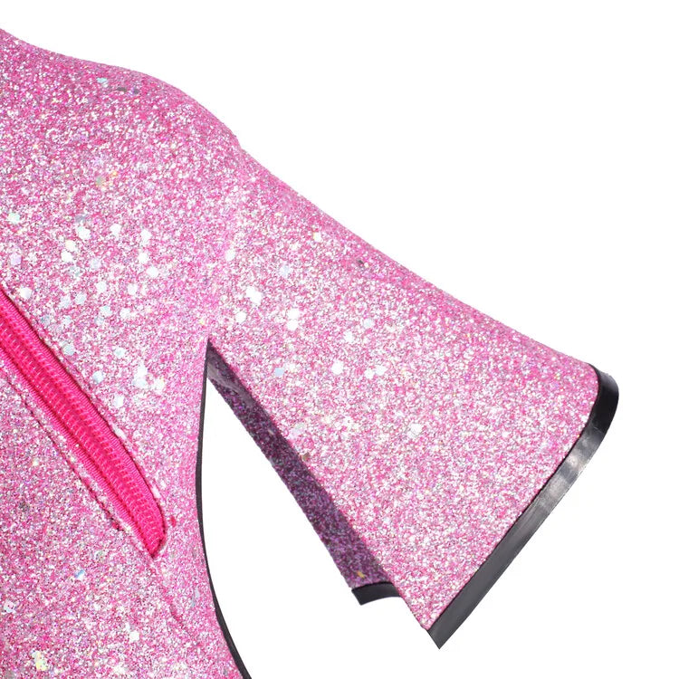 Ochanmeb Women Gold Sequins Boots Platforms Super High Chunky Heels Pink Mid-Calf Boots Gothic Zipper Woman Silver Glitter Shoes