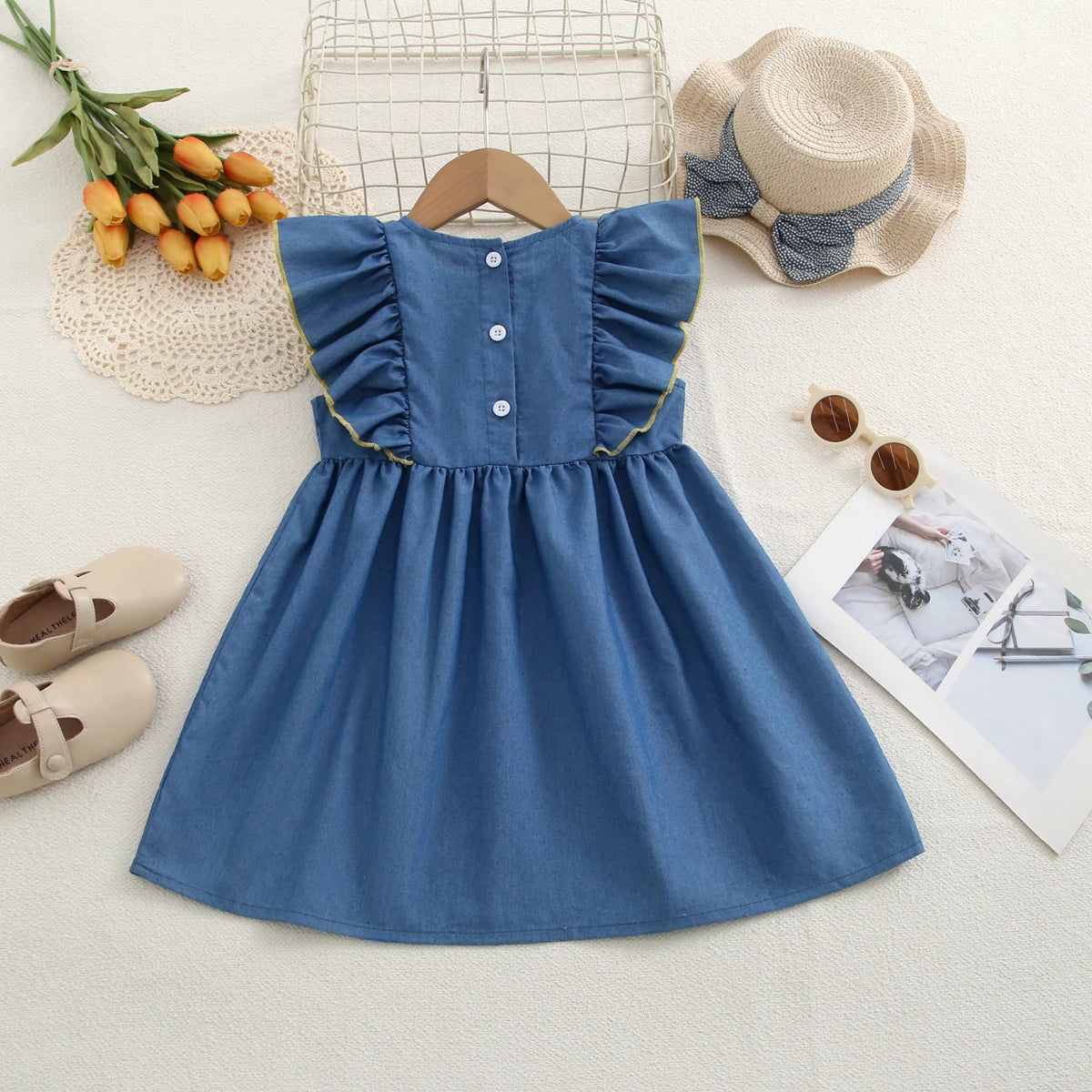 Kids Dresses for Girls Summer Casual Denim Bow Decoration Flying Sleeve Sleeveless Dress  Children's Clothes Girl Clothes