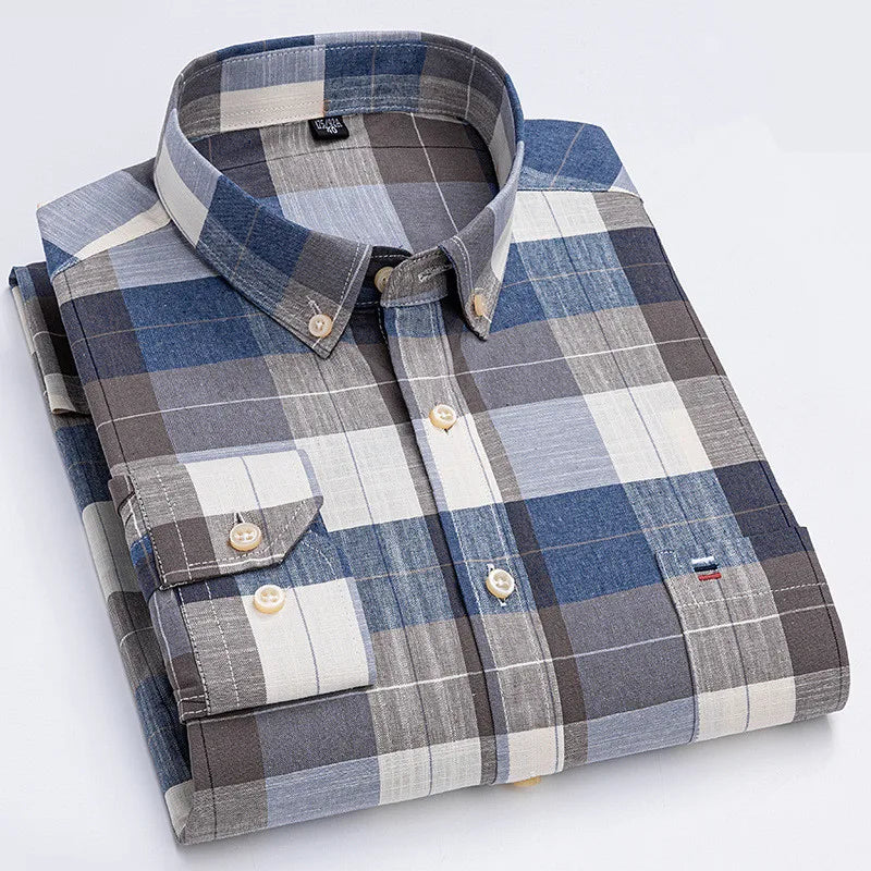 Men's Classic Plaid Oxford Long Sleeve Shirts Pocket 100% Cotton Business Casual Formal Standard Fit Workwear Button Down Shirts