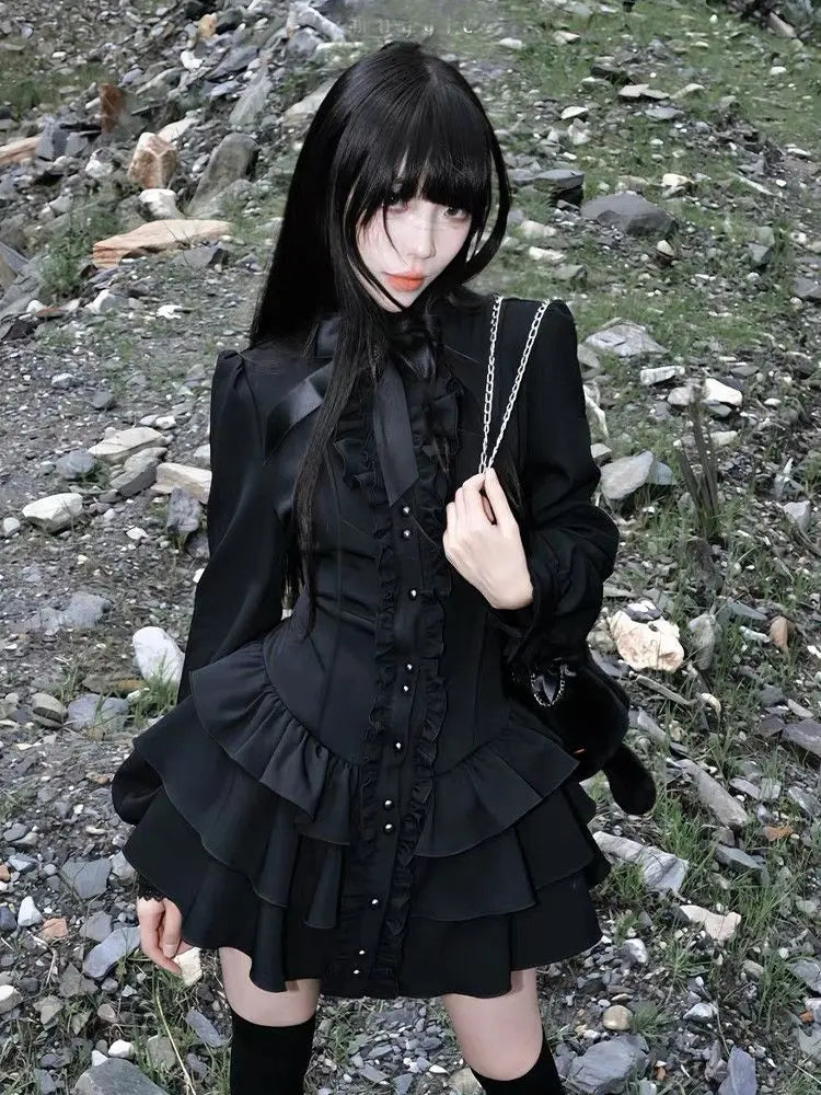 Gothic Vintage Lace Y2k Mini Dress Women Design Streetwear Black Lolita Slim Dress Long Sleeve Elegant Dress Spicy Girls