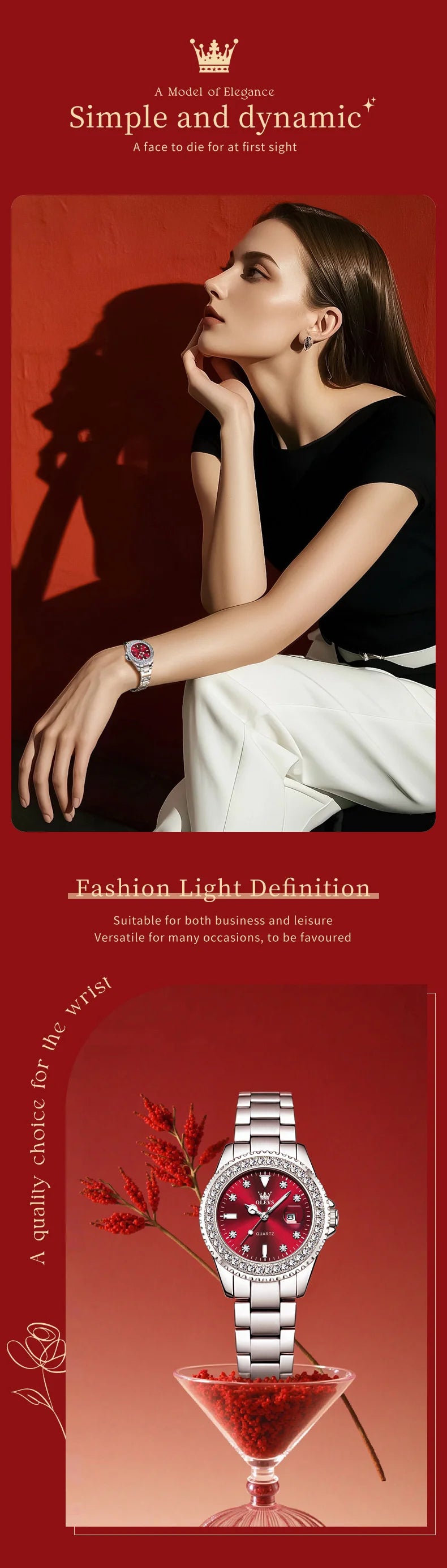 OLEVS New Elegant Women Wristwatch Waterproof Luminous Calendar Ladies Watch Stainless Steel Red Quartz Women's Watches Female