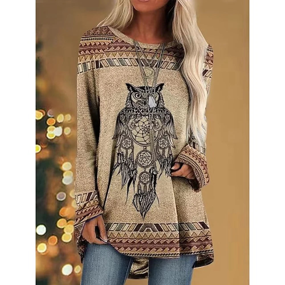 Women's T Shirt Wolf 3d Print T-shirt Women Fashion Animal T-shirts Casual Long Sleeve Tops Tees Vintage Tshirt Loose Tees Owl