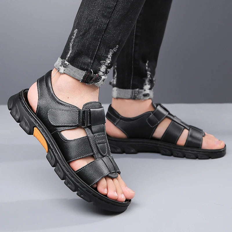 Men's Sandals Adjustable Solid Color Shoes Summer Casual Comfort with Durable Rubber Sole, Breathable PU for Outdoor Walking