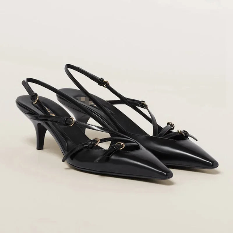 Triple Buckle Sling Back Women Summer Sandals for Women Office Small Square Head High Heels Pointed-toe Back Loop High Heels